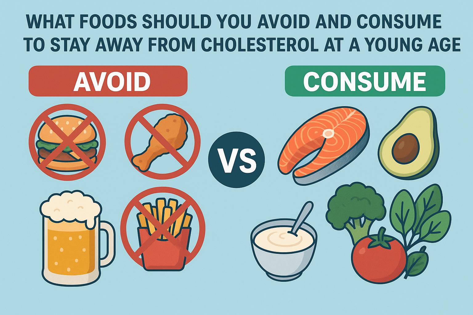 What foods should you avoid and consume to stay away from cholesterol at a young age